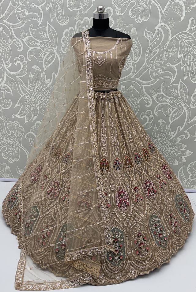 Chiku Pure Heavy Net Motif Handwork Zari Sequins Work Bridal Lehenga Choli