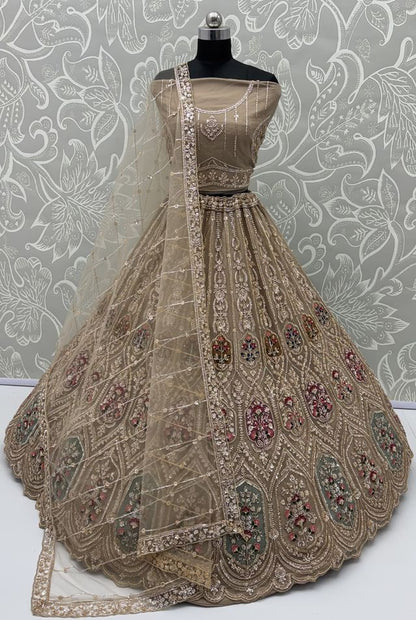 Chiku Pure Heavy Net Motif Handwork Zari Sequins Work Bridal Lehenga Choli