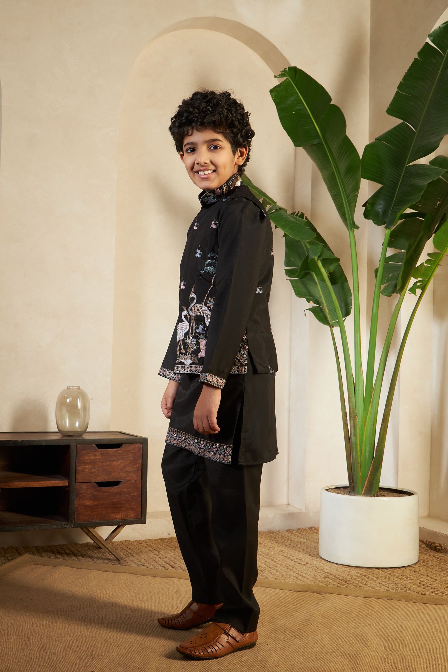 Black Pure Viscose Silk Silk Kids Boy Kurta Pajama With Koti Jacket 