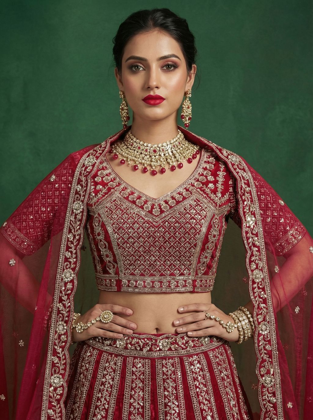 Red Pure Soft Satin Silk Heavy Embroidery Work Bridal Lehenga