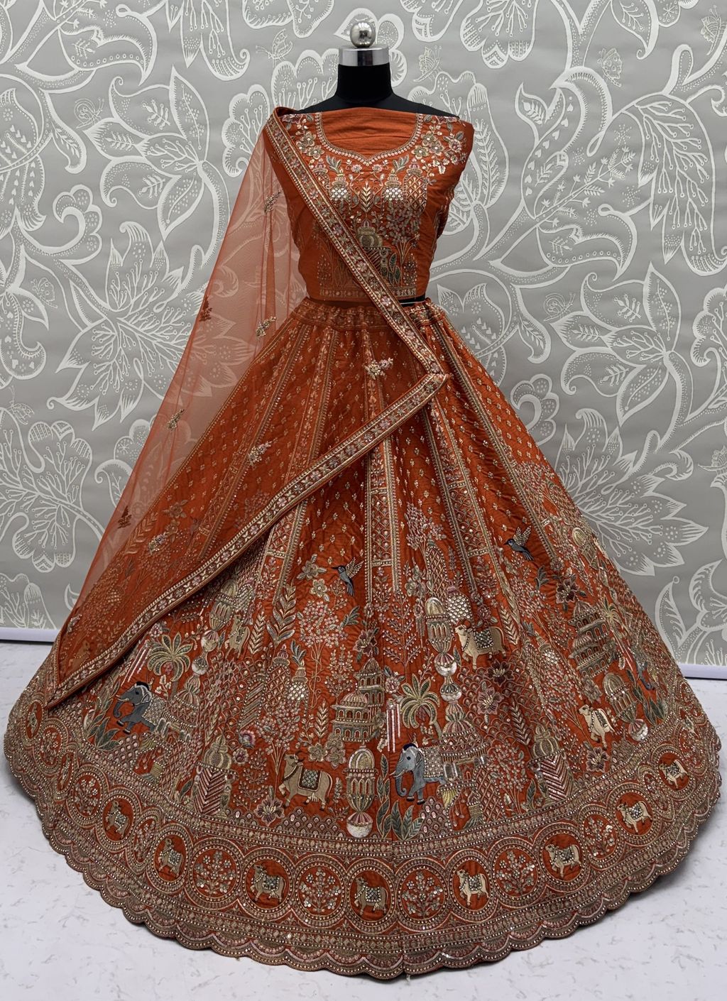 Orange Pure Soft Gadwal Silk Heavy Embroidery Work Bridal Lehenga 
