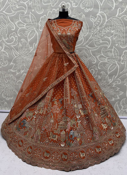 Orange Pure Soft Gadwal Silk Heavy Embroidery Work Bridal Lehenga 