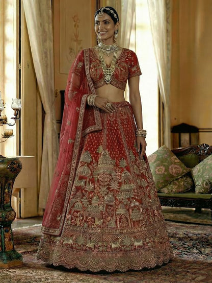 Red Pure Soft Net Heavy Embroidery Work Bridal Lehenga