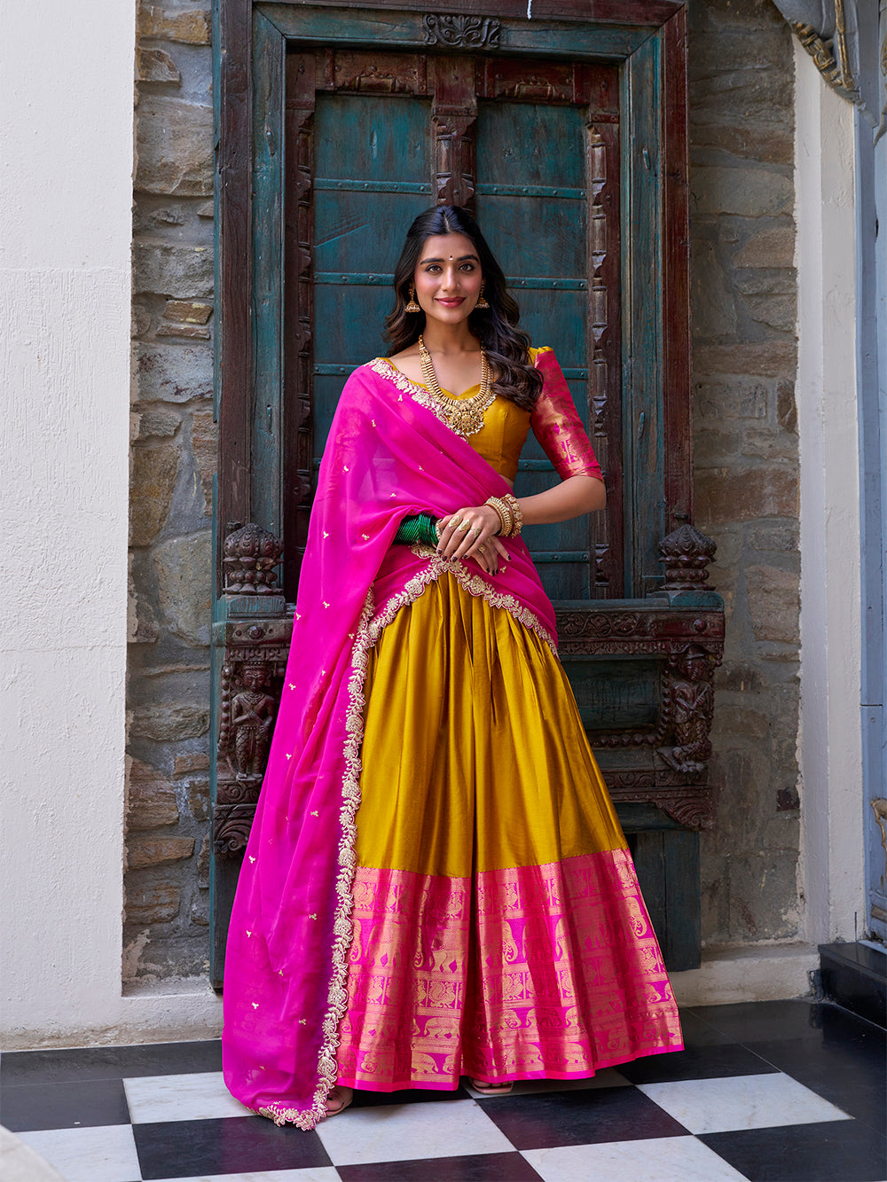 Mustard Pure Narayan Pattu with Zari Weaving &amp; Embroidery Paithani Lehenga Choli