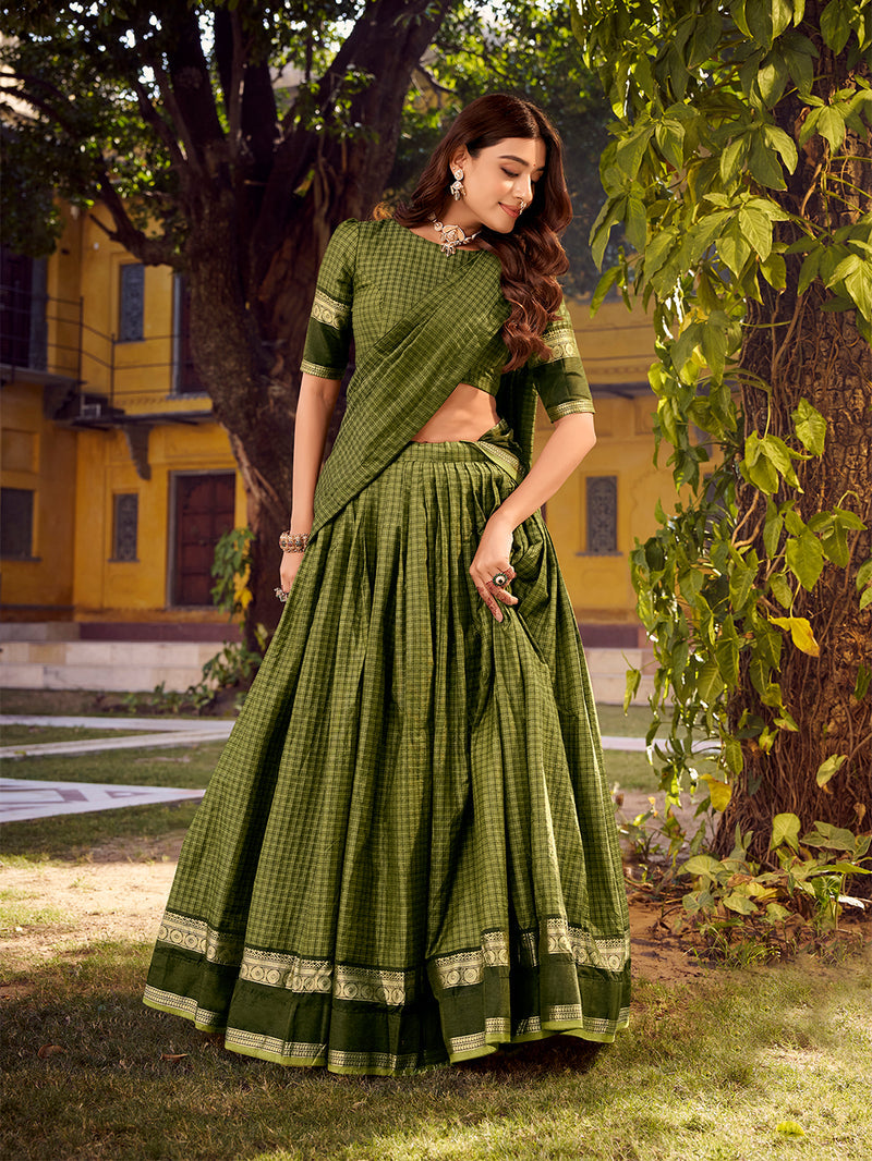 Mehendi Color Chex With Zari weaving Work Chettinad Cotton Lehenga Choli 