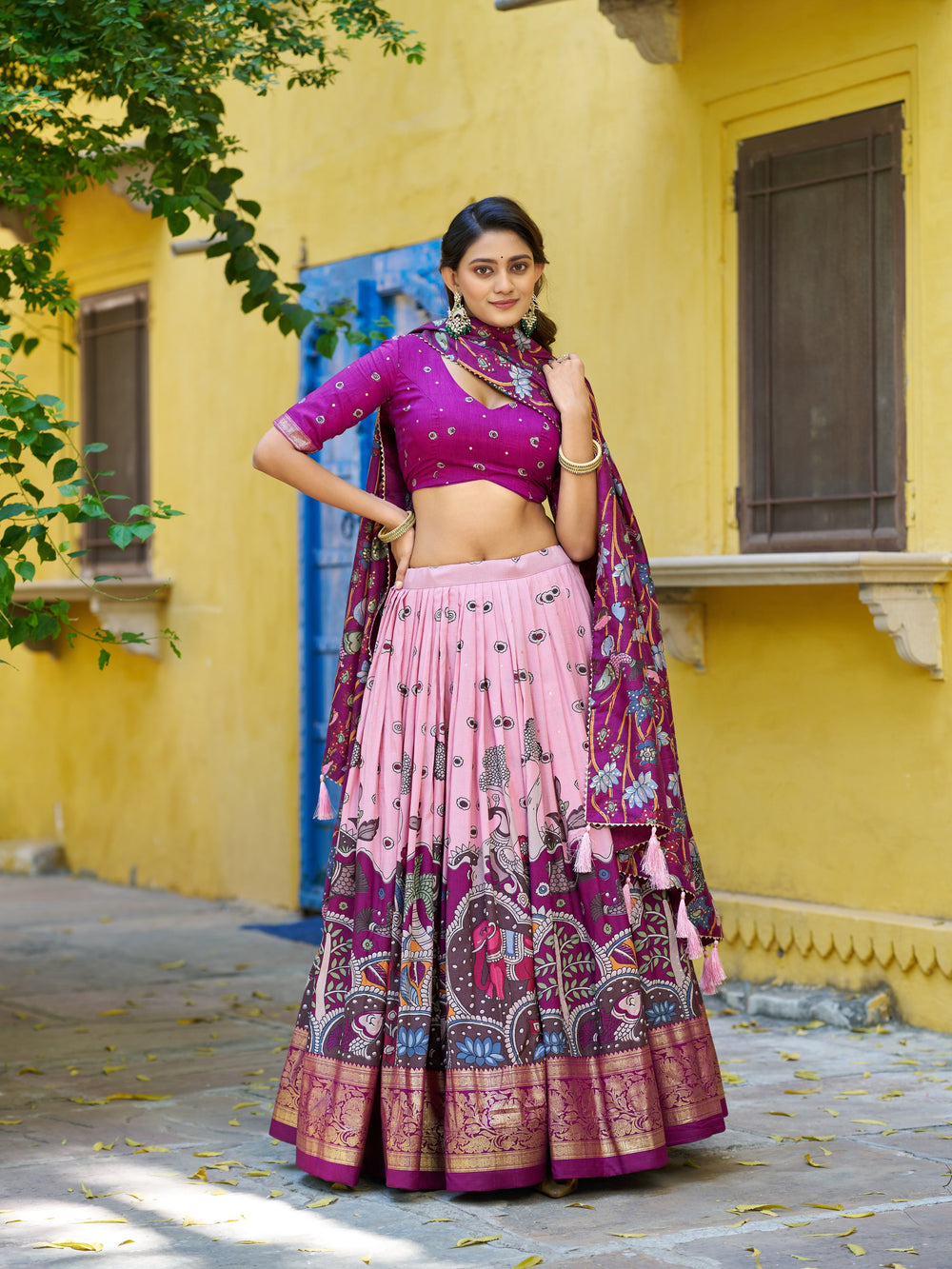 Light Pink Pure Tasar Silk Kalamkari Print With Foil Work Lehenga Choli