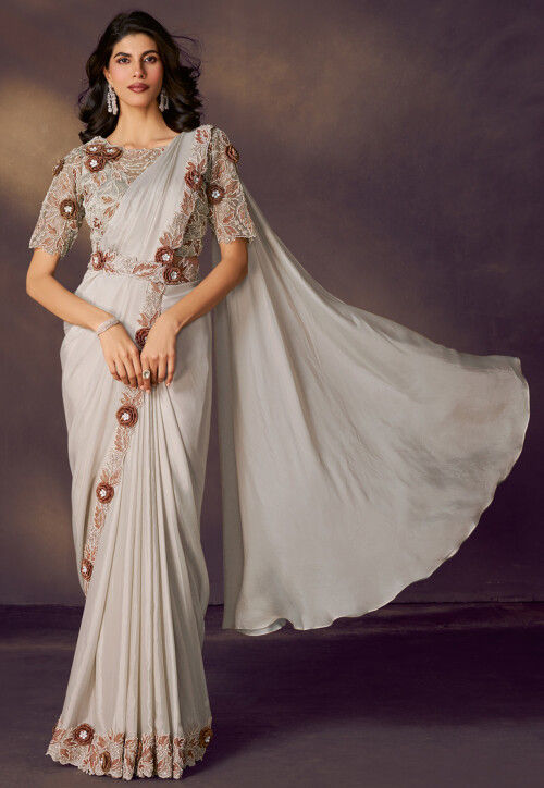 Off White Pure Soft Crush Satin Silk Ready to Wear Saree 
