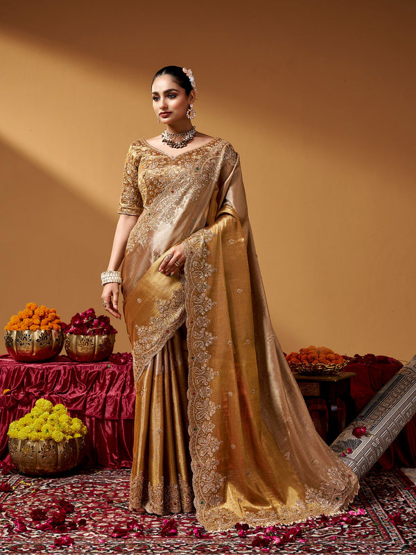 Golden Pure Kanjivaram Rich Zari Embroidery & Tube Beads Work Tissue Saree
