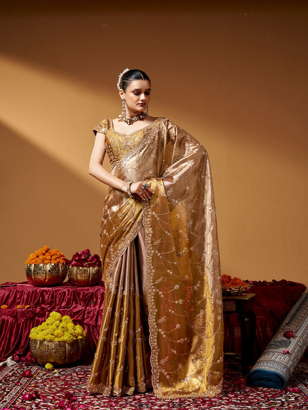 Gold Pure Kanjivaram Rich Zari Embroidery & Tube Beads Work Tissue Saree