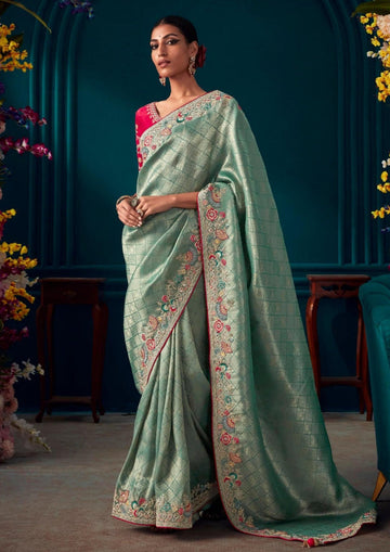 Beautiful Designer Blue Red Banarasi Kanjivaram Wedding Saree