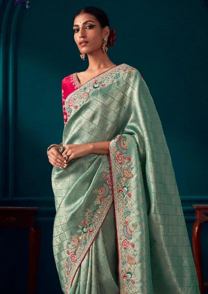 Beautiful Designer Blue Red Banarasi Kanjivaram Wedding Saree