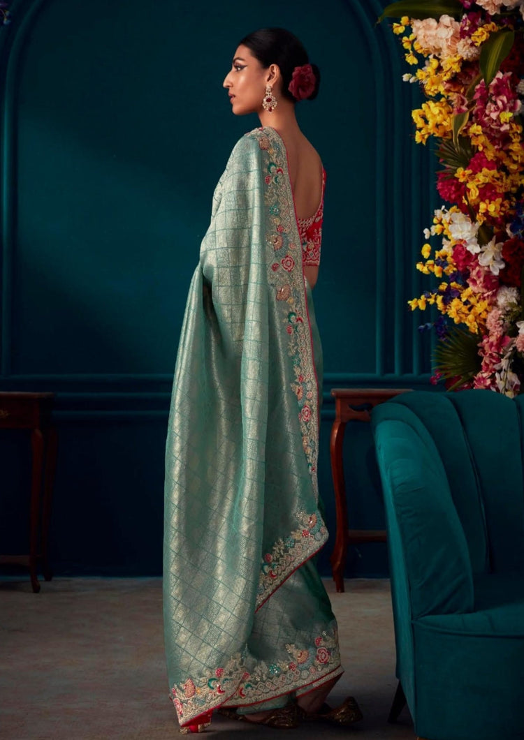 Beautiful Designer Blue Red Banarasi Kanjivaram Wedding Saree