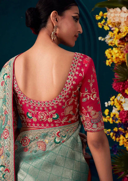 Beautiful Designer Blue Red Banarasi Kanjivaram Wedding Saree
