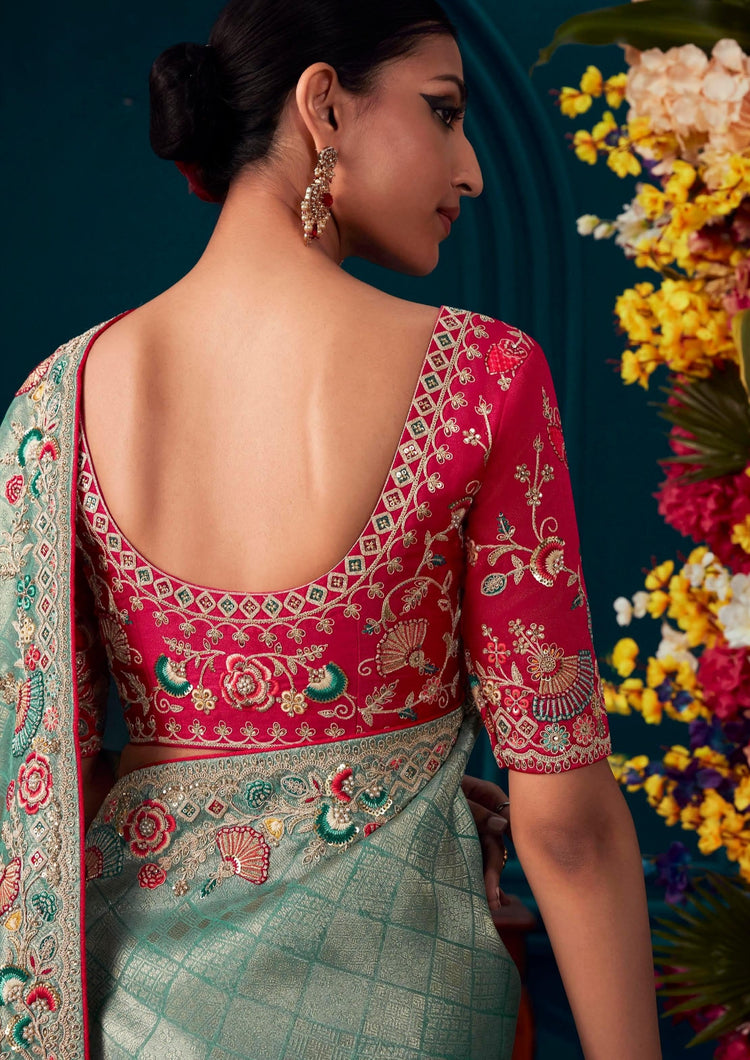 Beautiful Designer Blue Red Banarasi Kanjivaram Wedding Saree