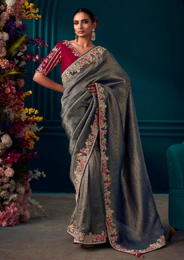 Beautiful Designer Silver Black Banarasi Kanjivaram Wedding Saree