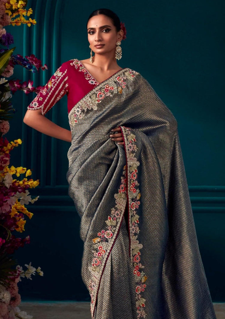 Beautiful Designer Silver Black Banarasi Kanjivaram Wedding Saree