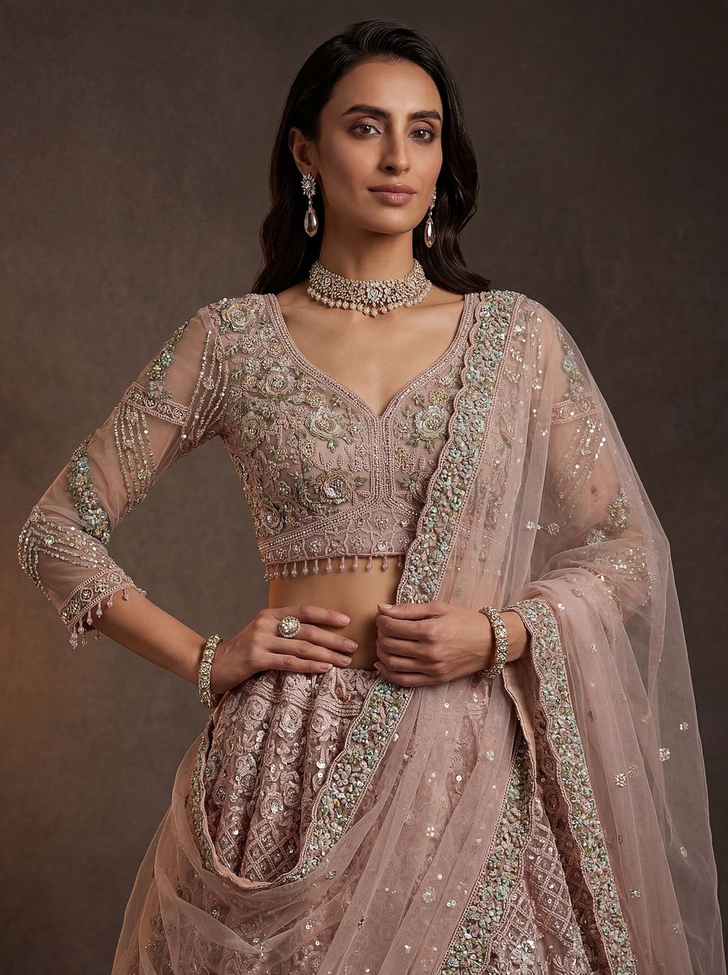 Peach Pink Pure Soft Heavy Double Net Crafted Fancy Chapat Zari Work Bridal Lehenga Choli