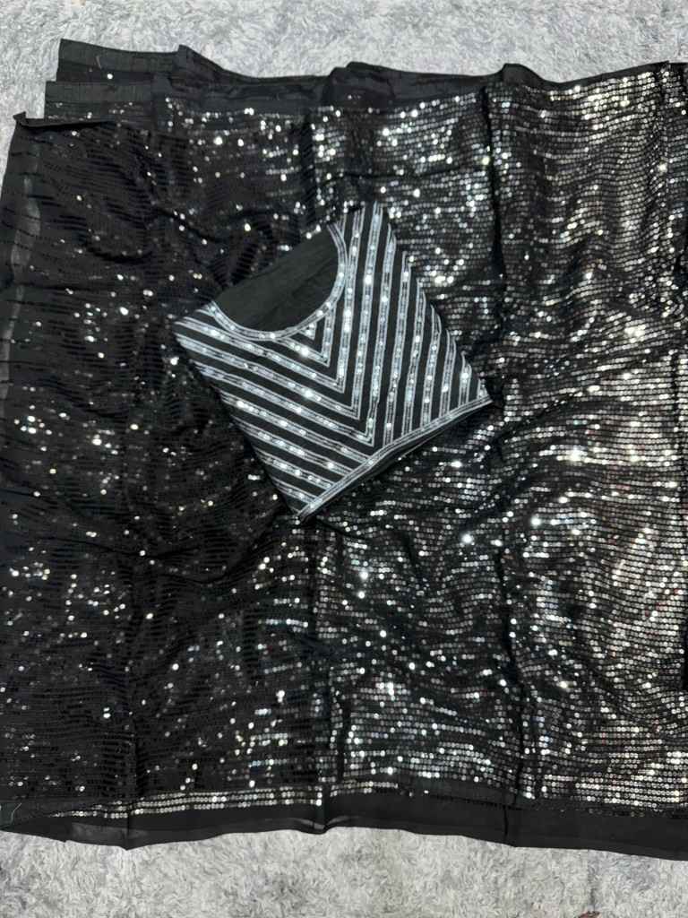 Black Pure Heavy Georgette Sequins Saree