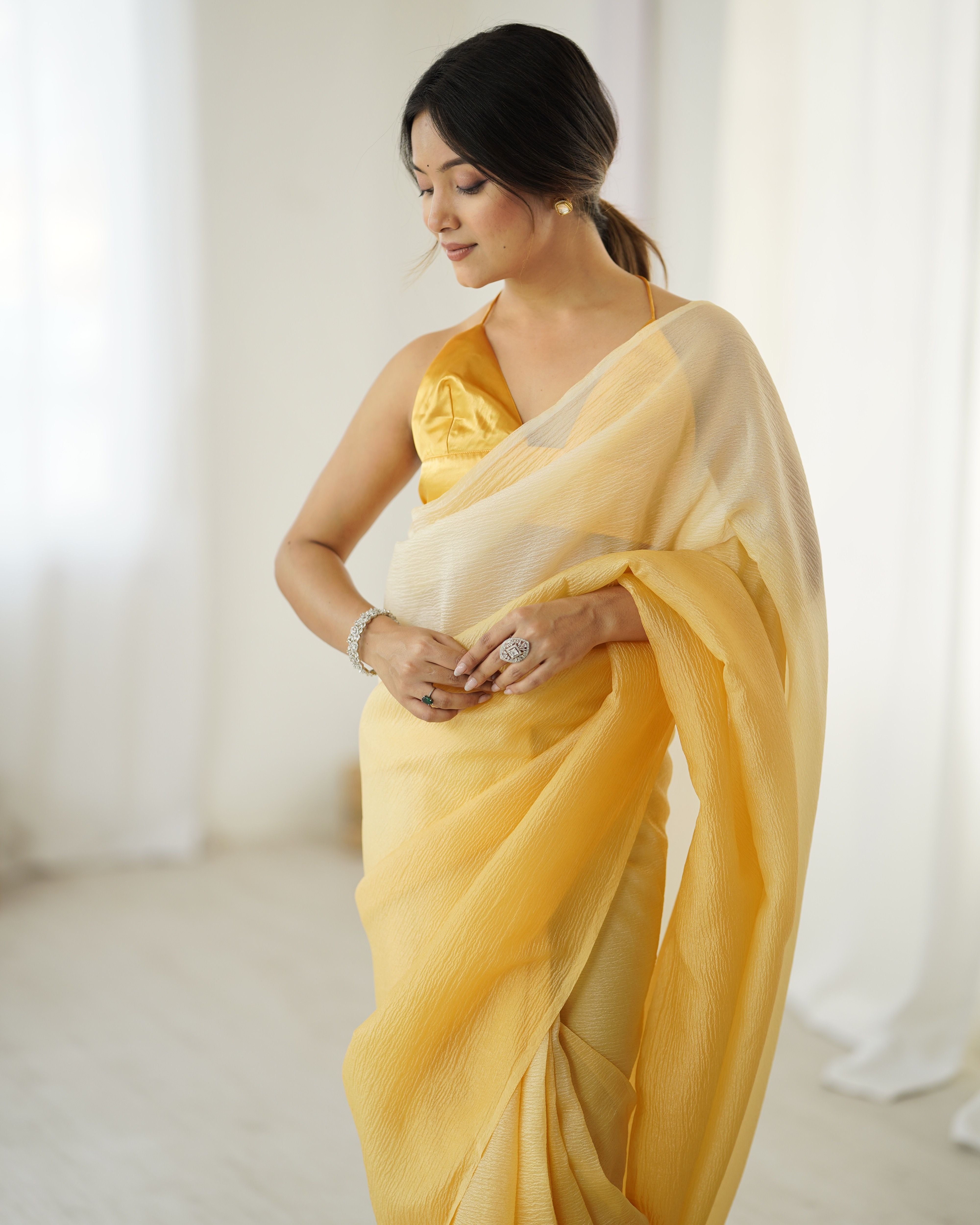 Yellow shaded Pure Soft Candy Crush Silk Ready to Wear Saree ##color## Ready to Wear Saree with premium fabric and embroidery