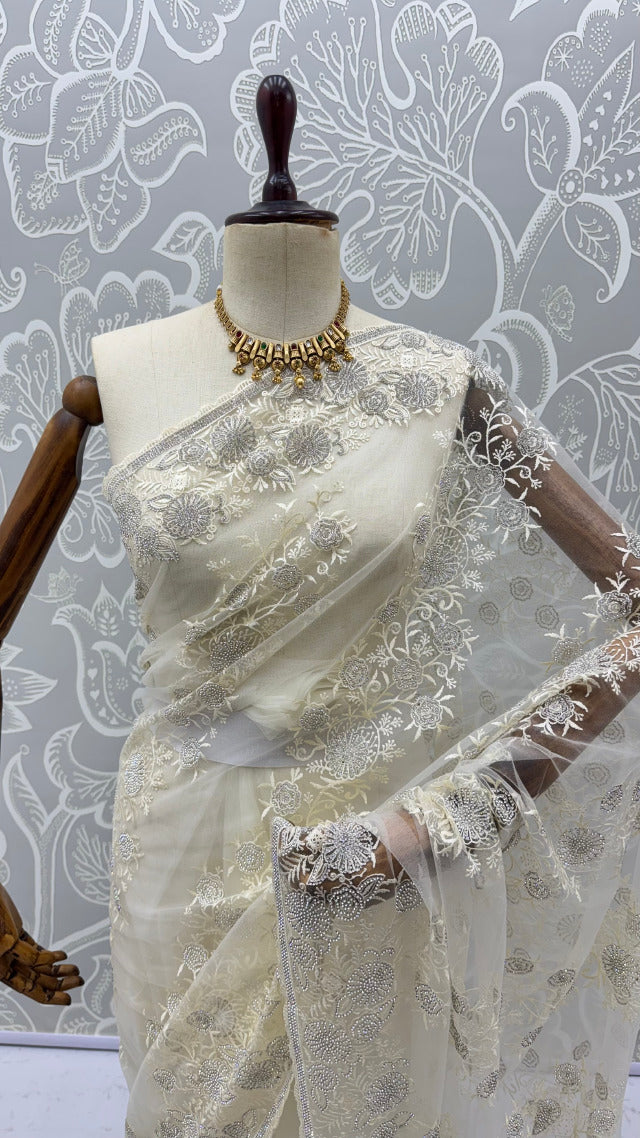 Cream Pure Premium Net Handwork Kasti &amp; Motif Zari Metallic Sequins Work Wedding Saree