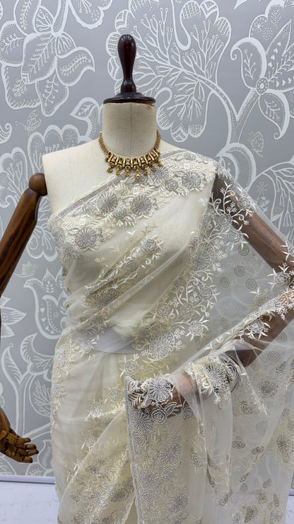 Cream Pure Premium Net Handwork Kasti &amp; Motif Zari Metallic Sequins Work Wedding Saree