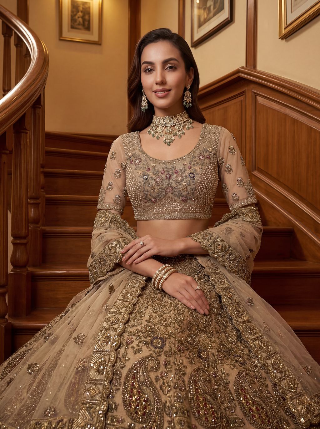 Beige Pure Soft Heavy Net Sequins Embroidery Work Bridal Lehenga 
