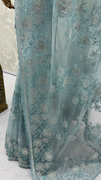 Sky Pure Premium Net Handwork Kasti &amp; Motif Zari Metallic Sequins Work Wedding Saree