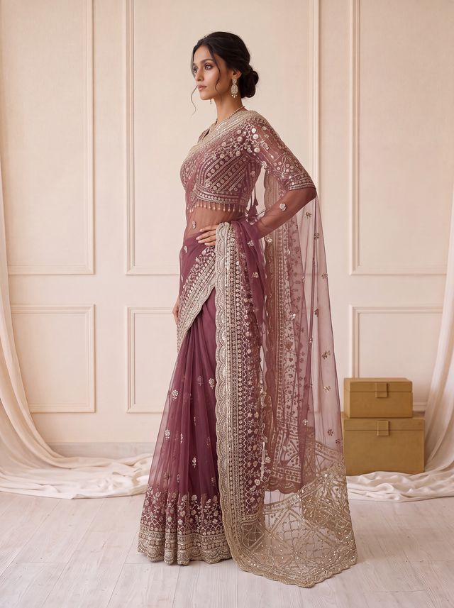 Wine Pure Premium Net Handwork Kasti &amp; Motif Zari Metallic Sequins Work Wedding Saree