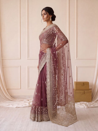 Wine Pure Premium Net Handwork Kasti &amp; Motif Zari Metallic Sequins Work Wedding Saree