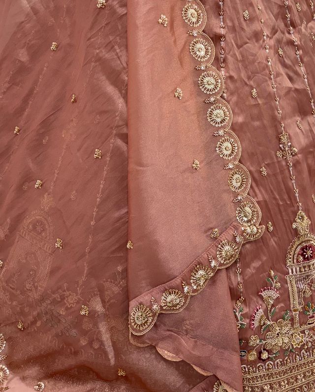 Pink Pure Chandnia Silk Handwork Motif Peacock Pattern Crystal Beads Multi Thread Dori &amp; Sequins Work Bridal Lehenga Choli