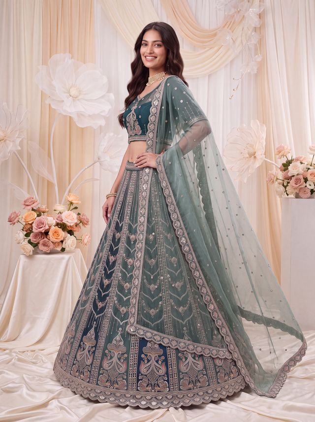 Teal Blue Pure Chandnia Silk Handwork Motif Peacock Pattern Crystal Beads Multi Thread Dori and Sequins Work Bridal Lehenga Choli