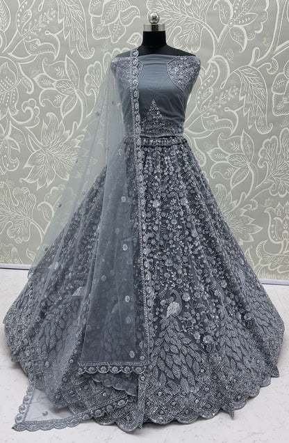 Grey Pure Heavy Net Monochrome Sequins Zari Embroidery Work Net Bridal Lehenga Choli