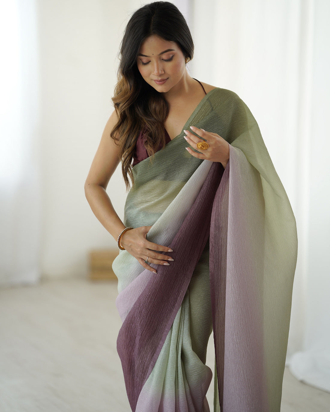 Green shaded Pure Soft Candy Crush Silk Ready to Wear Saree 