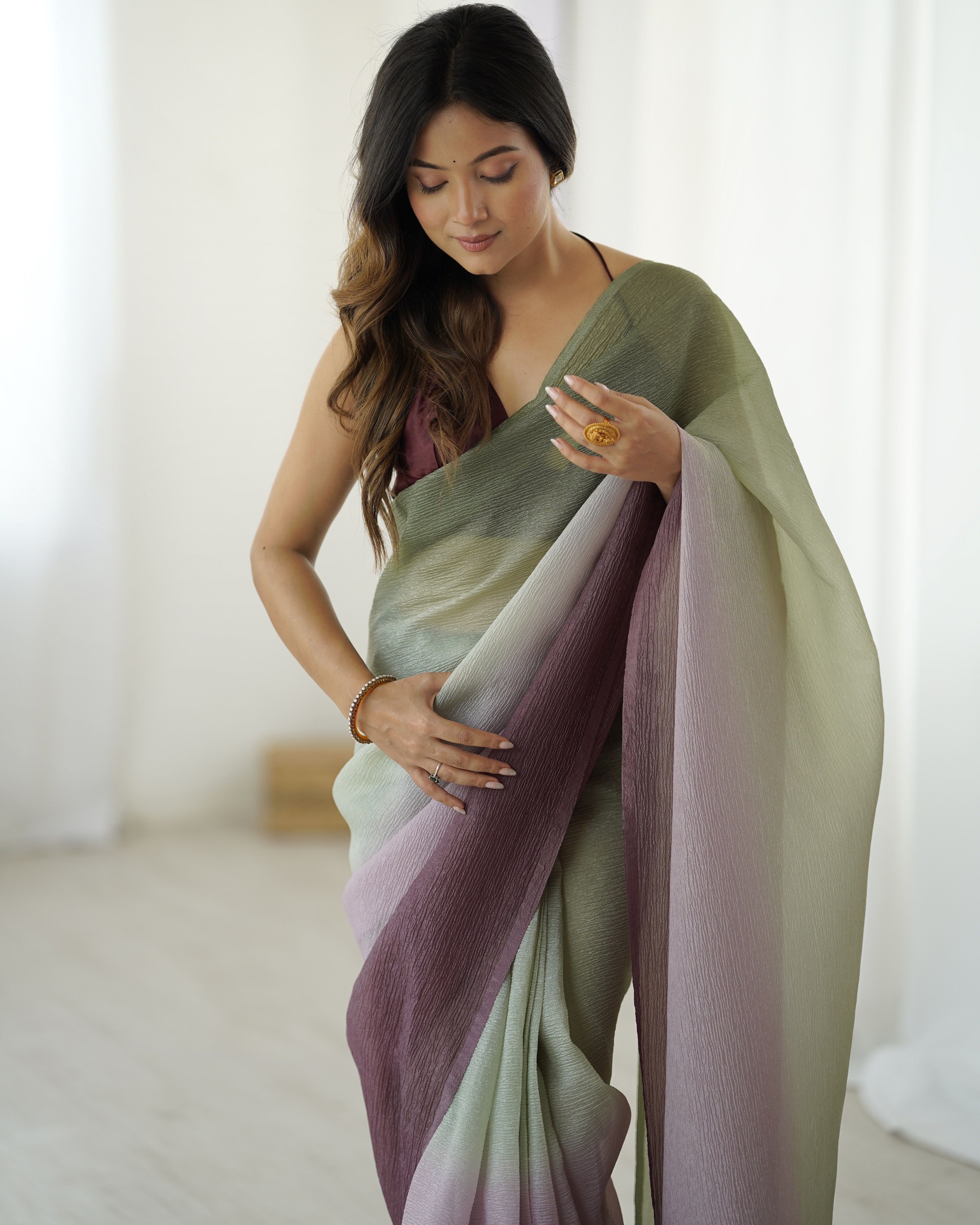 Green shaded Pure Soft Candy Crush Silk Ready to Wear Saree 