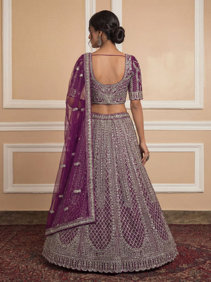 Purple Pure Soft Net Heavy Embroidery Work Bridal Lehenga