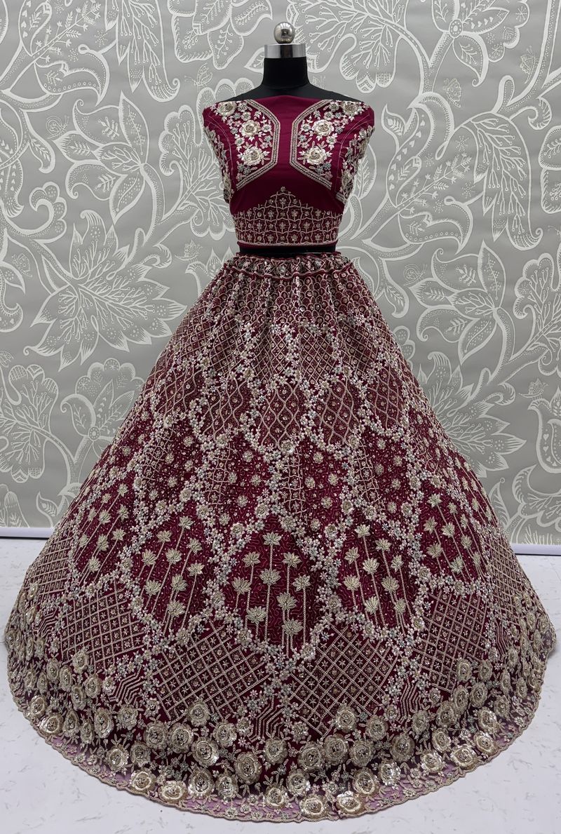 Raspberry Pure Soft Net Heavy Embroidery Work Bridal Lehenga