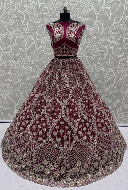 Raspberry Pure Soft Net Heavy Embroidery Work Bridal Lehenga