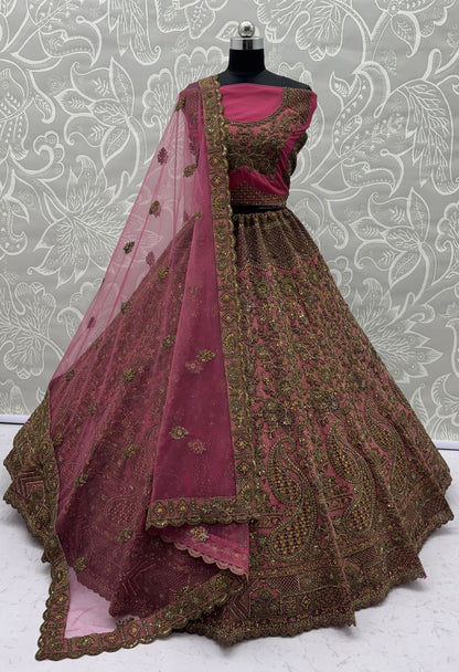 Pink Pure Soft Heavy Net Sequins Embroidery Work Bridal Lehenga 