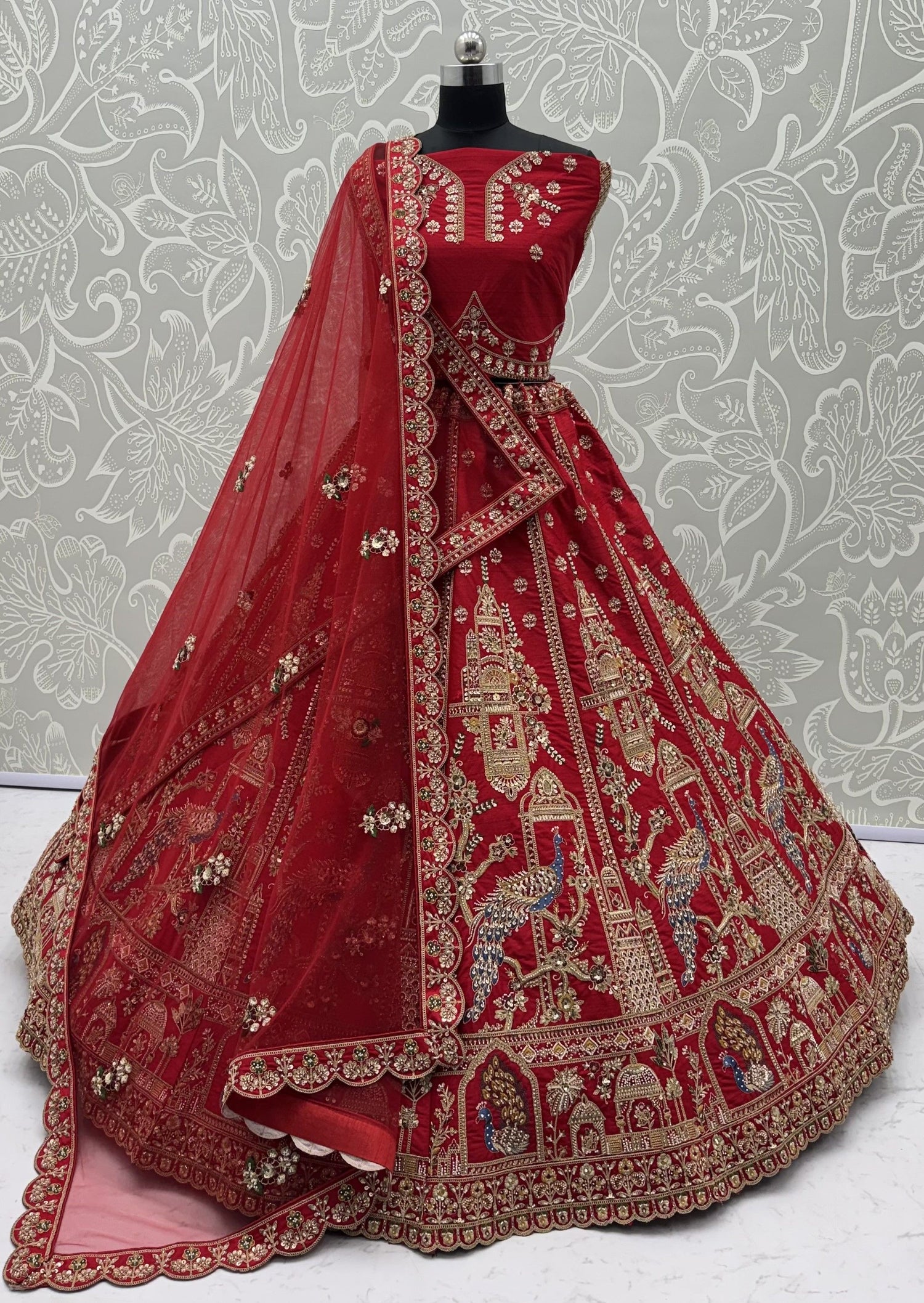 Red Pure Gadhwal Silk Khatali Handwork Sequins &amp; Crystal Bridal Lehenga Choli