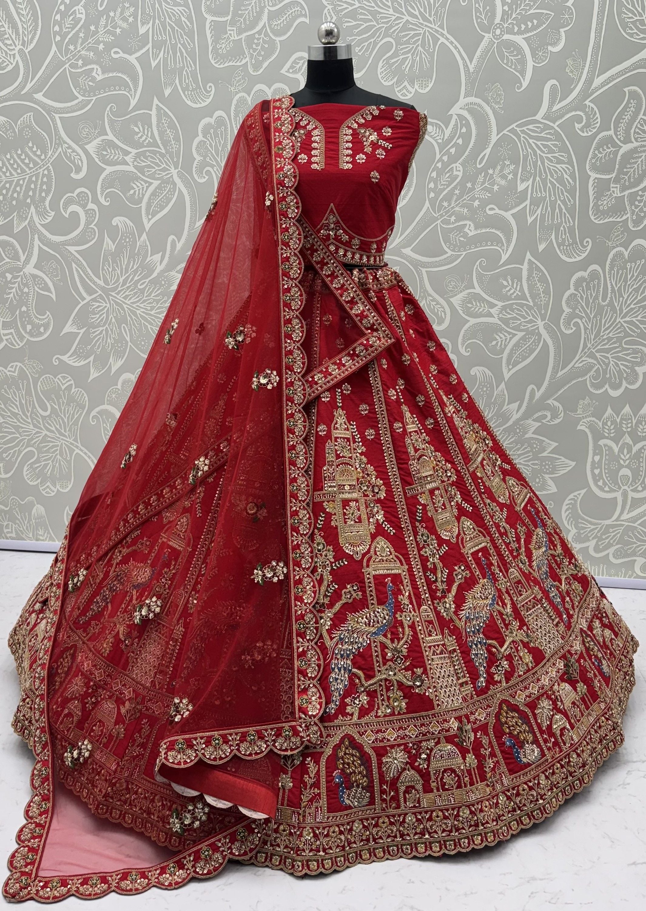 Red Pure Gadhwal Silk Khatali Handwork Sequins &amp; Crystal Bridal Lehenga Choli