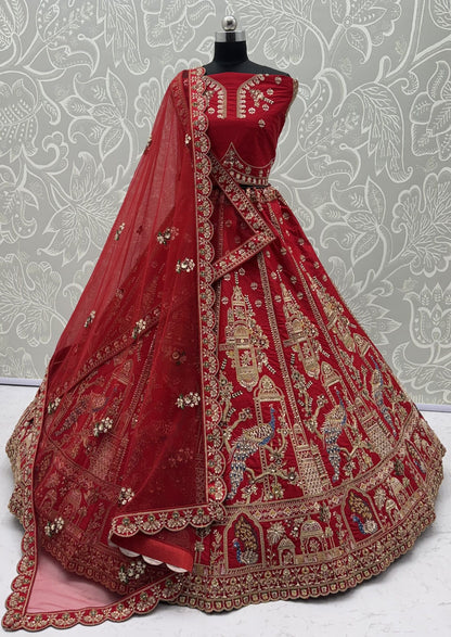 Red Pure Gadhwal Silk Khatali Handwork Sequins &amp; Crystal Bridal Lehenga Choli