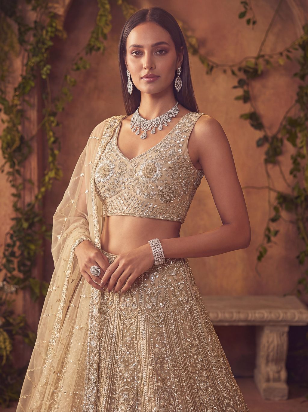 Beige Pure Soft Net Heavy Embroidery Work Bridal Lehenga 