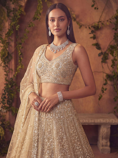 Beige Pure Soft Net Heavy Embroidery Work Bridal Lehenga 