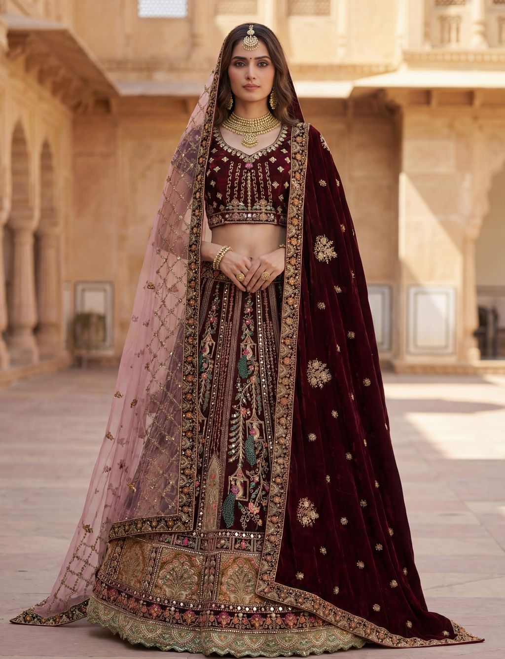 Wine Pure Soft Velvet Heavy Embroidery Patch Work Bridal Lehenga