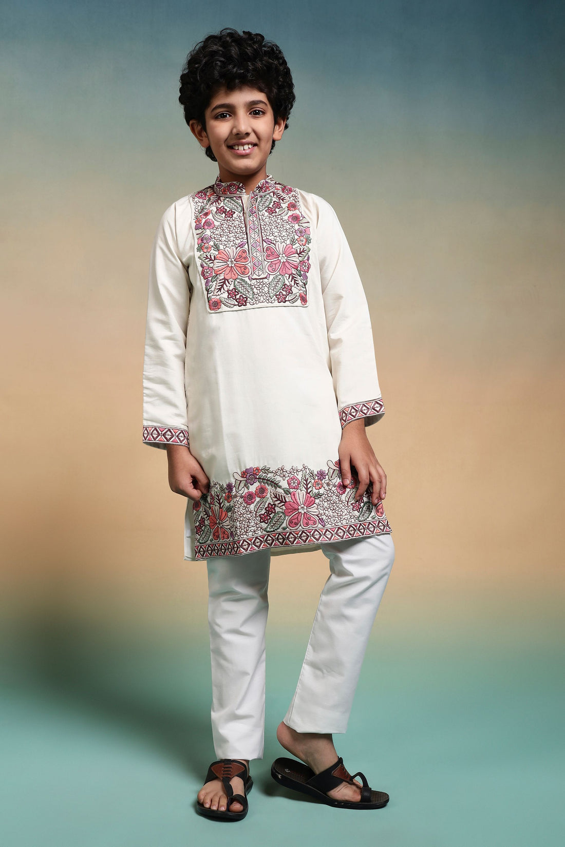 White Pure Viscose Silk Kids Boy Kurta Pajama 