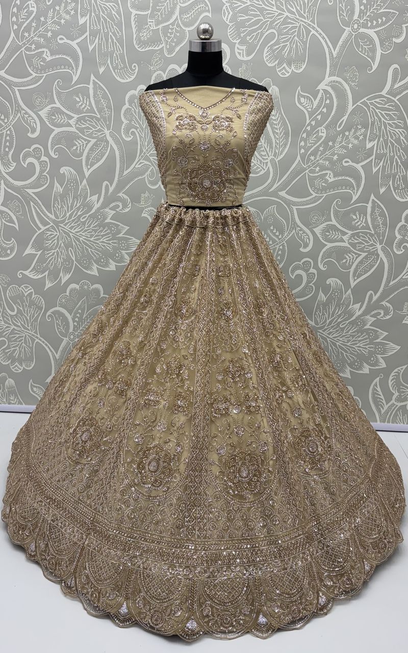 Golden Pure Heavy Net Motif Handwork Zari Sequins Work Bridal Lehenga Choli