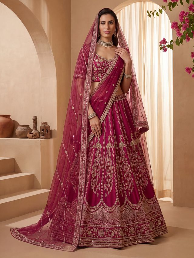 Rani Pink Pure Soft Heavy Net Sequins Embroidery Work Bridal Lehenga Choli 