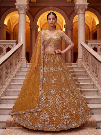 Yellow Pure Heavy Net Motif Handwork Zari Sequins Work Bridal Lehenga Choli