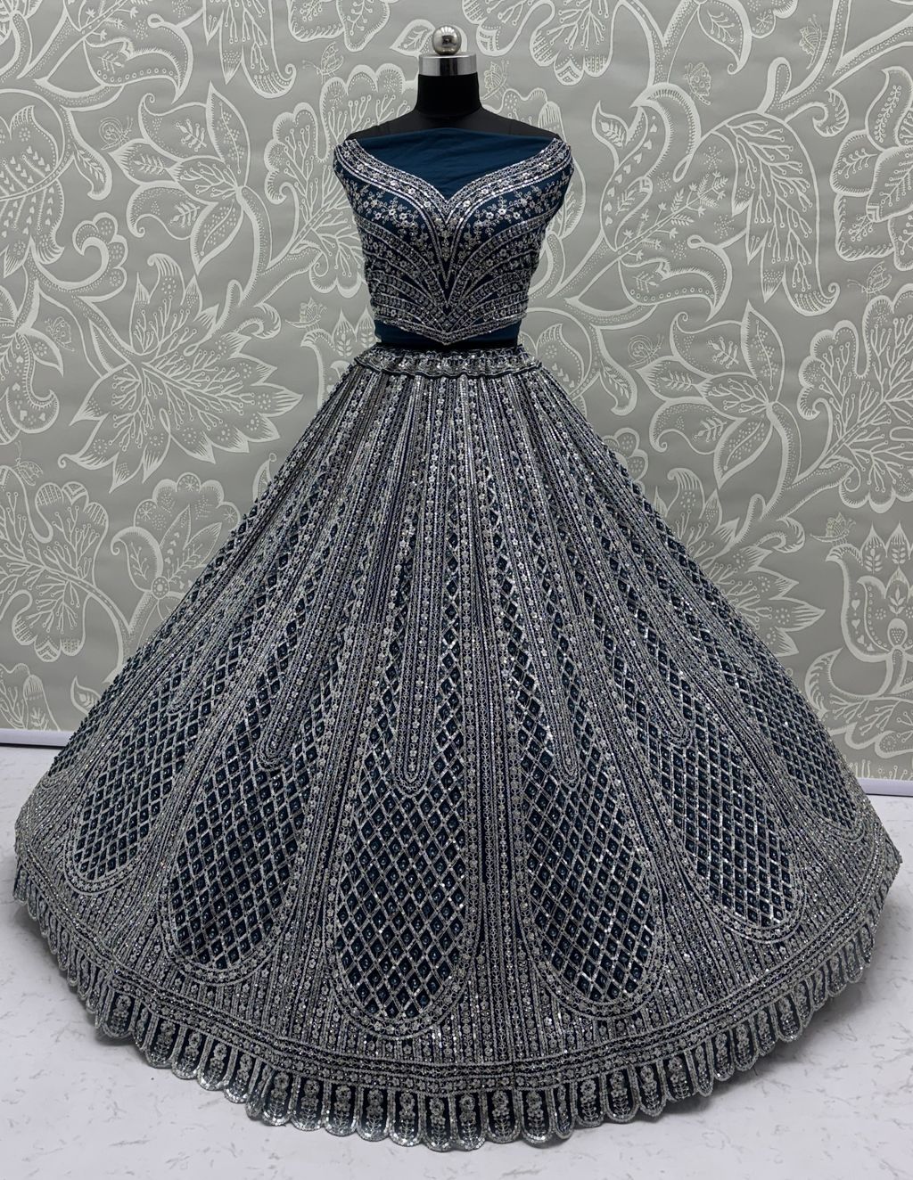 Rama Blue Pure Soft Net Heavy Embroidery Work Bridal Lehenga