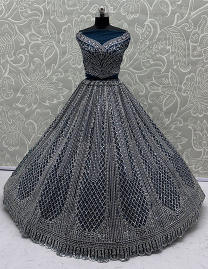 Rama Blue Pure Soft Net Heavy Embroidery Work Bridal Lehenga